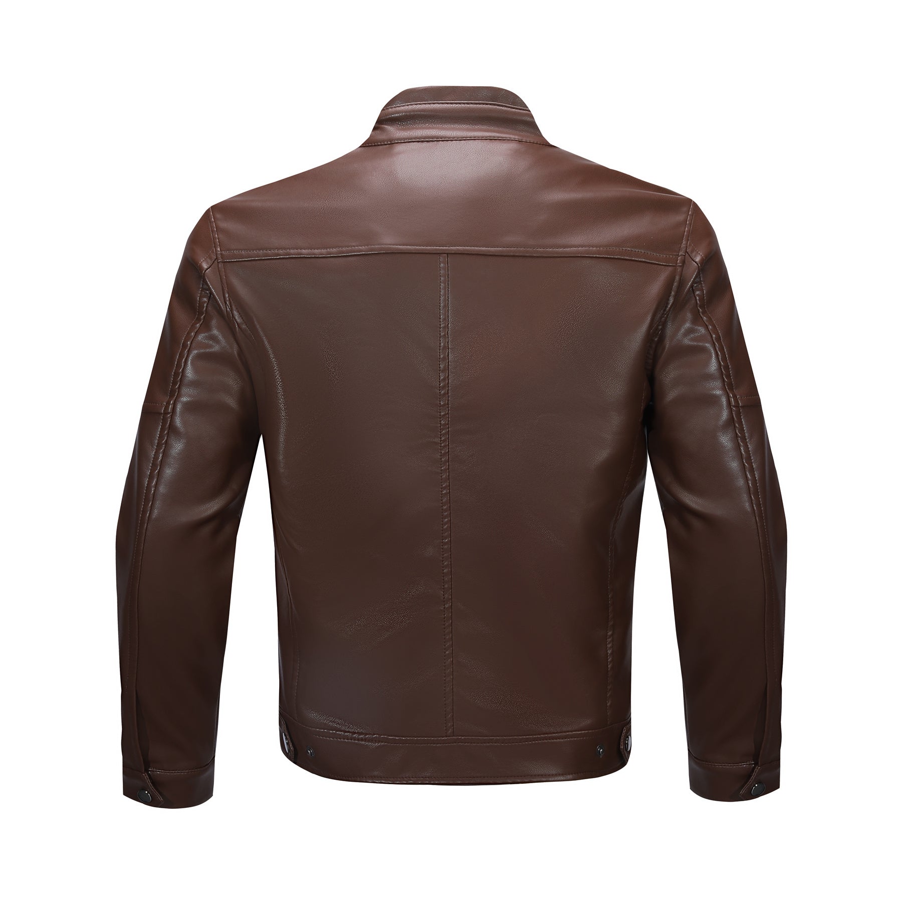 Brown # Men's casual zip-up leather motorcycle jacket with multi-pocket design, brown solid color moto outwear with smooth lines and breathable comfort for daily riding, streetwear and casual outings, isolated on white background.