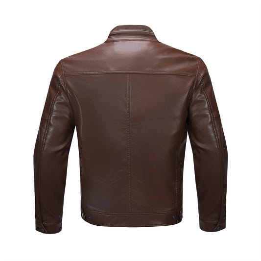 Brown # Men's casual zip-up leather motorcycle jacket with multi-pocket design, brown solid color moto outwear with smooth lines and breathable comfort for daily riding, streetwear and casual outings, isolated on white background.