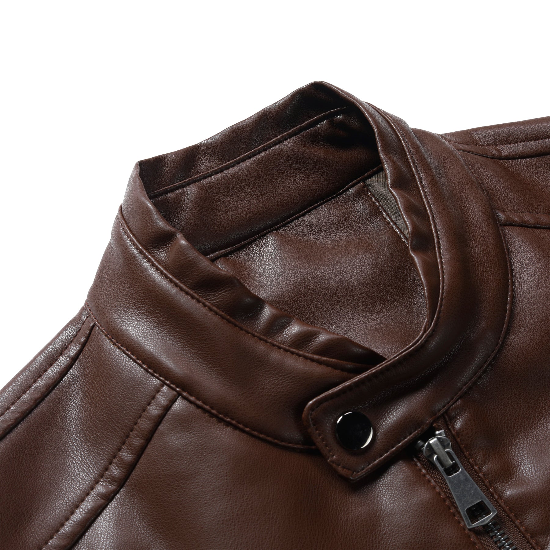Brown # Men's casual zip-up leather motorcycle jacket with multi-pocket design, brown solid color moto outwear with smooth lines and breathable comfort for daily riding, streetwear and casual outings, isolated on white background.