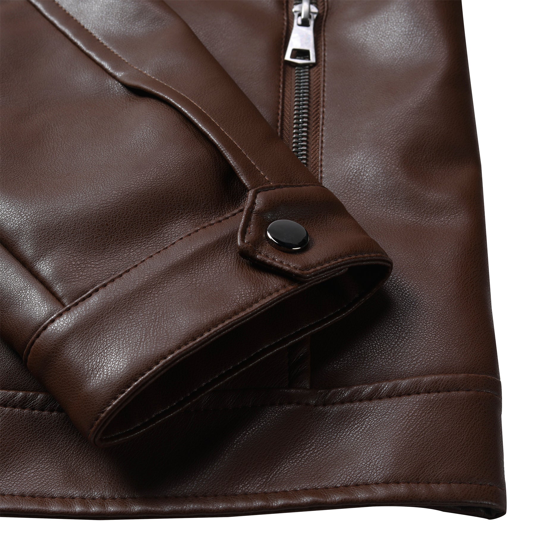 Brown # Men's casual zip-up leather motorcycle jacket with multi-pocket design, brown solid color moto outwear with smooth lines and breathable comfort for daily riding, streetwear and casual outings, isolated on white background.