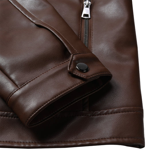 Brown # Men's casual zip-up leather motorcycle jacket with multi-pocket design, brown solid color moto outwear with smooth lines and breathable comfort for daily riding, streetwear and casual outings, isolated on white background.
