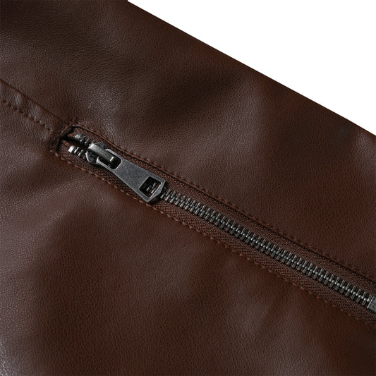 Brown # Men's casual zip-up leather motorcycle jacket with multi-pocket design, brown solid color moto outwear with smooth lines and breathable comfort for daily riding, streetwear and casual outings, isolated on white background.