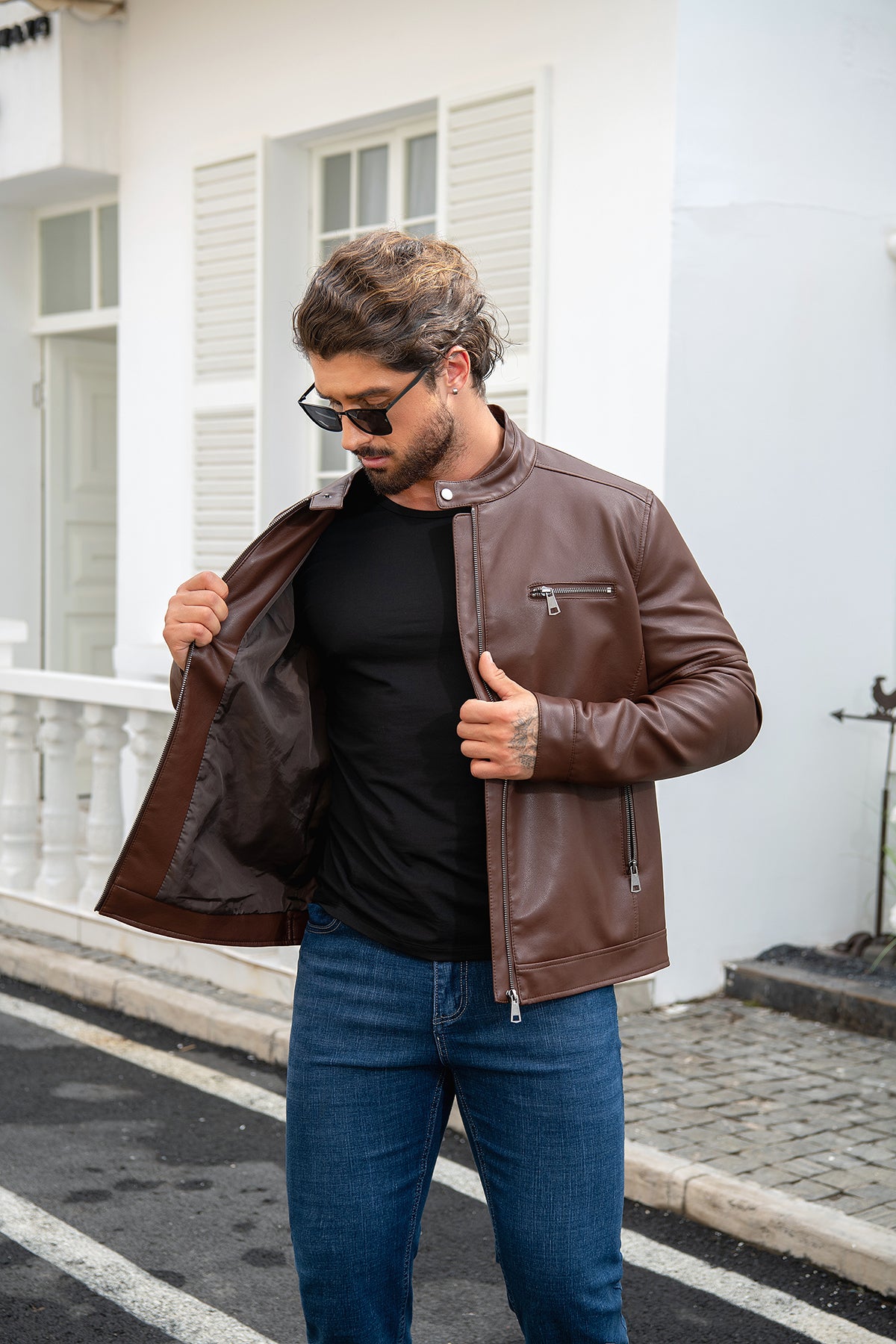 Brown # Men's casual zip-up leather motorcycle jacket with multi-pocket design, brown solid color moto outwear with smooth lines and breathable comfort for daily riding, streetwear and casual outings, isolated on white background.