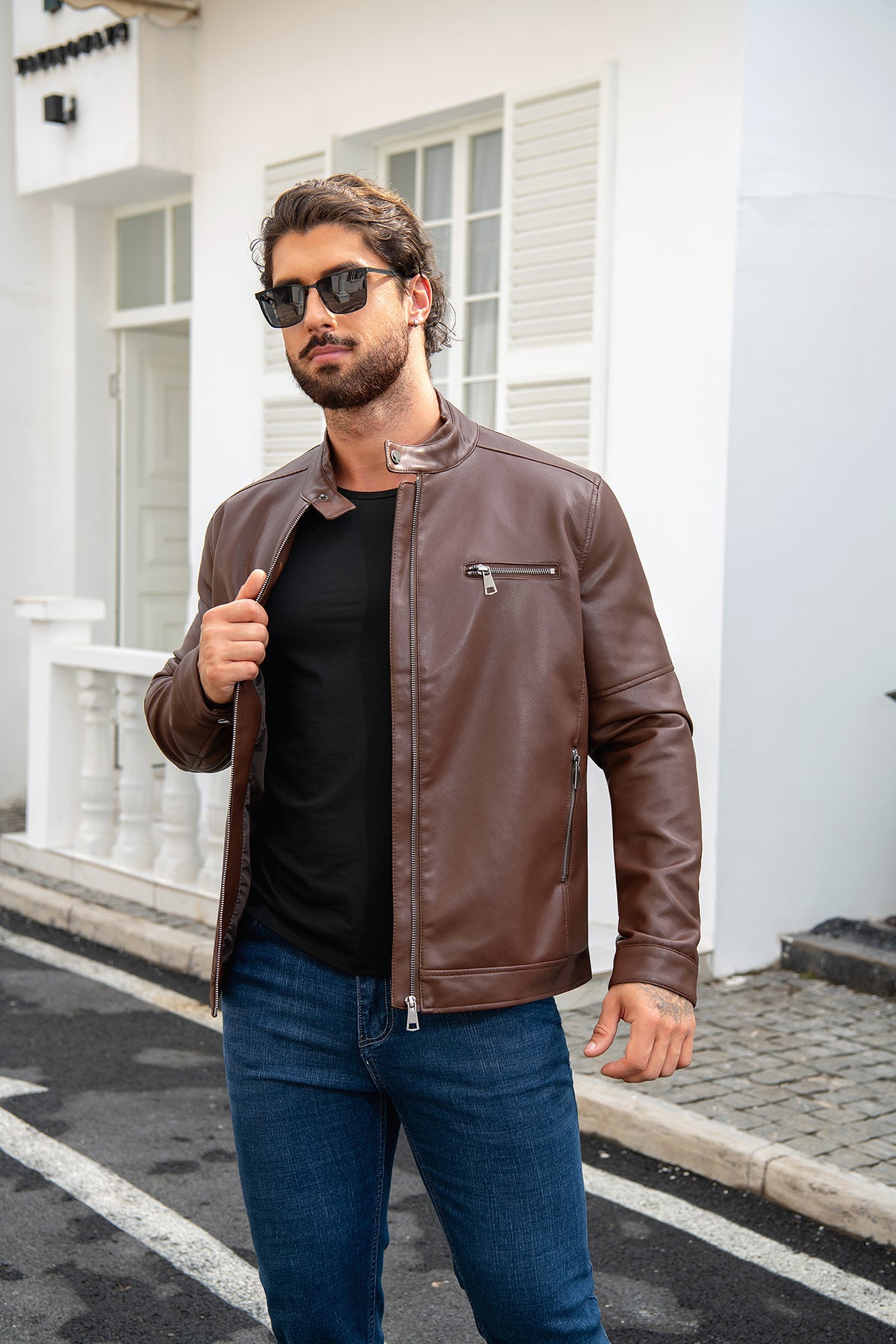 Brown # Men's casual zip-up leather motorcycle jacket with multi-pocket design, brown solid color moto outwear with smooth lines and breathable comfort for daily riding, streetwear and casual outings, isolated on white background.