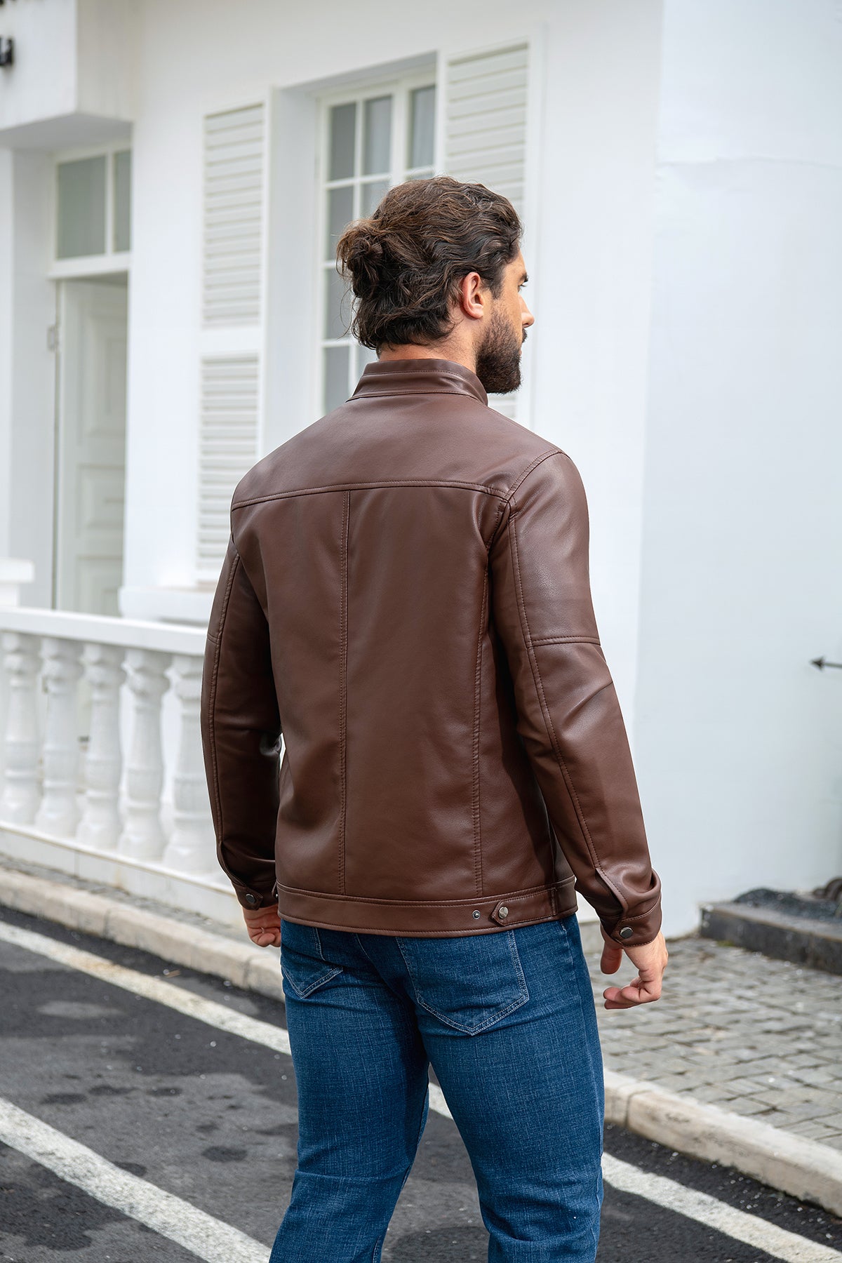 Brown # Men's casual zip-up leather motorcycle jacket with multi-pocket design, brown solid color moto outwear with smooth lines and breathable comfort for daily riding, streetwear and casual outings, isolated on white background.