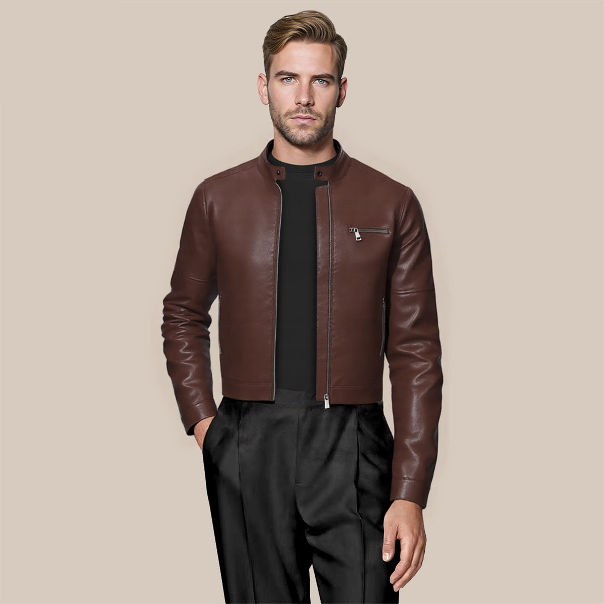 Brown # Men's casual zip-up leather motorcycle jacket with multi-pocket design, brown solid color moto outwear with smooth lines and breathable comfort for daily riding, streetwear and casual outings, isolated on white background.