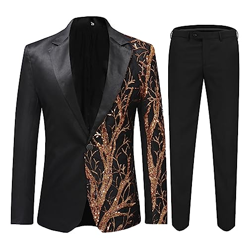 Black # Men's slim fit 2-piece sequin dinner tuxedo, 1-button notched lapel single-breasted suit jacket with matching trousers, stylish black sparkling sequin prom suit for party, club, wedding, banquet and formal events, isolated on white background.
