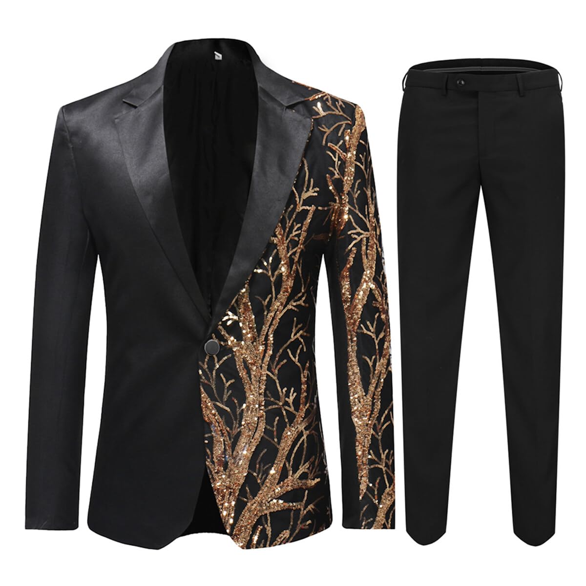 Black # Men's slim fit 2-piece sequin dinner tuxedo, 1-button notched lapel single-breasted suit jacket with matching trousers, stylish black sparkling sequin prom suit for party, club, wedding, banquet and formal events, isolated on white background.