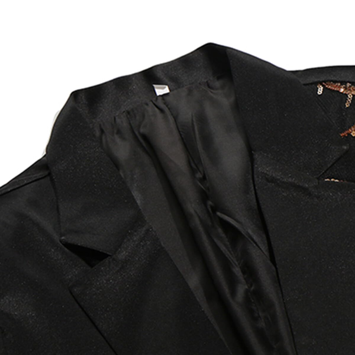 Black # Men's slim fit 2-piece sequin dinner tuxedo, 1-button notched lapel single-breasted suit jacket with matching trousers, stylish black sparkling sequin prom suit for party, club, wedding, banquet and formal events, isolated on white background.