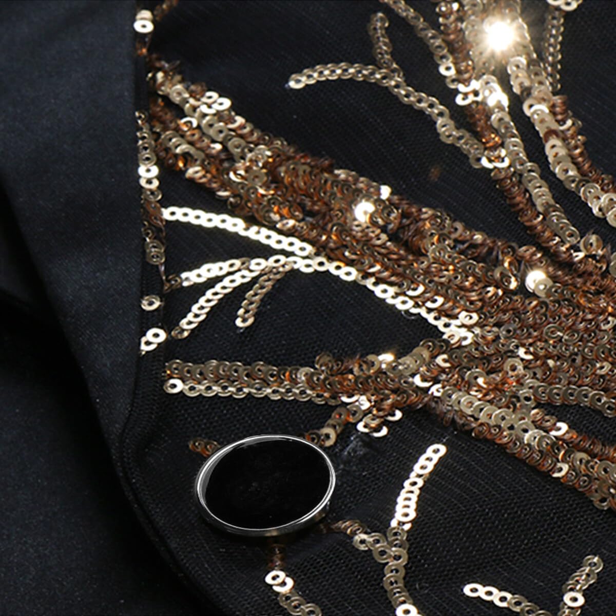 Black # Men's slim fit 2-piece sequin dinner tuxedo, 1-button notched lapel single-breasted suit jacket with matching trousers, stylish black sparkling sequin prom suit for party, club, wedding, banquet and formal events, isolated on white background.