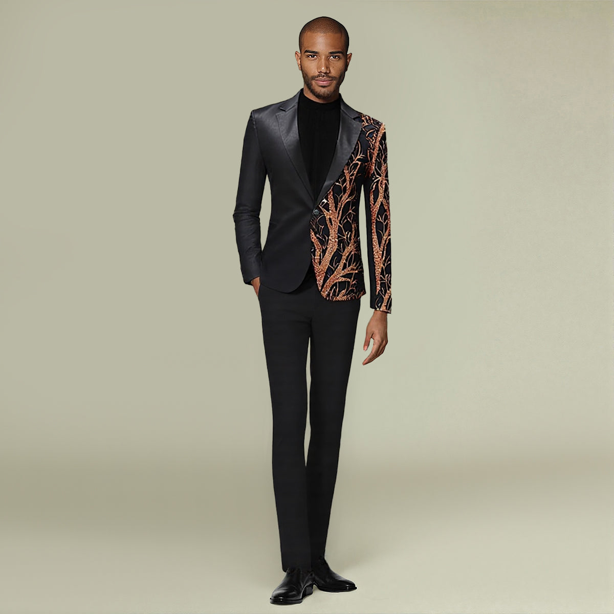 Black # Men's slim fit 2-piece sequin dinner tuxedo, 1-button notched lapel single-breasted suit jacket with matching trousers, stylish black sparkling sequin prom suit for party, club, wedding, banquet and formal events, isolated on white background.