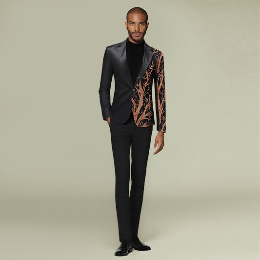 Black # Men's slim fit 2-piece sequin dinner tuxedo, 1-button notched lapel single-breasted suit jacket with matching trousers, stylish black sparkling sequin prom suit for party, club, wedding, banquet and formal events, isolated on white background.