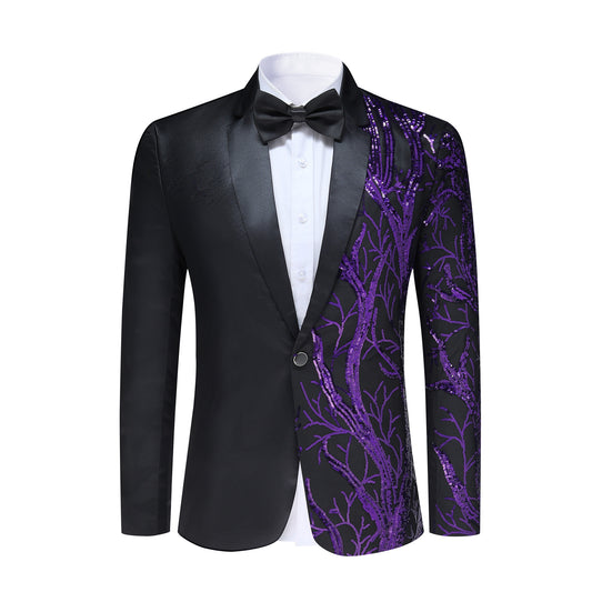 Purple # Men's slim fit lightning tree sequin blazer with notched lapel and single-button closure, purple sparkle suit jacket with unique sequin pattern and 3D tailored fit for party, prom, wedding and stage performance, isolated on white background.