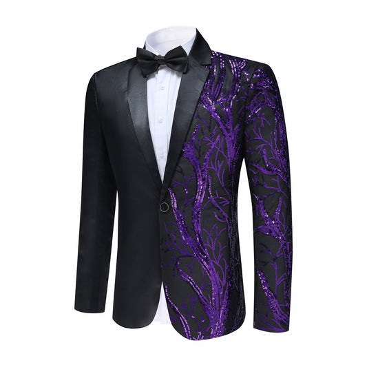 Purple # Men's slim fit lightning tree sequin blazer with notched lapel and single-button closure, purple sparkle suit jacket with unique sequin pattern and 3D tailored fit for party, prom, wedding and stage performance, isolated on white background.