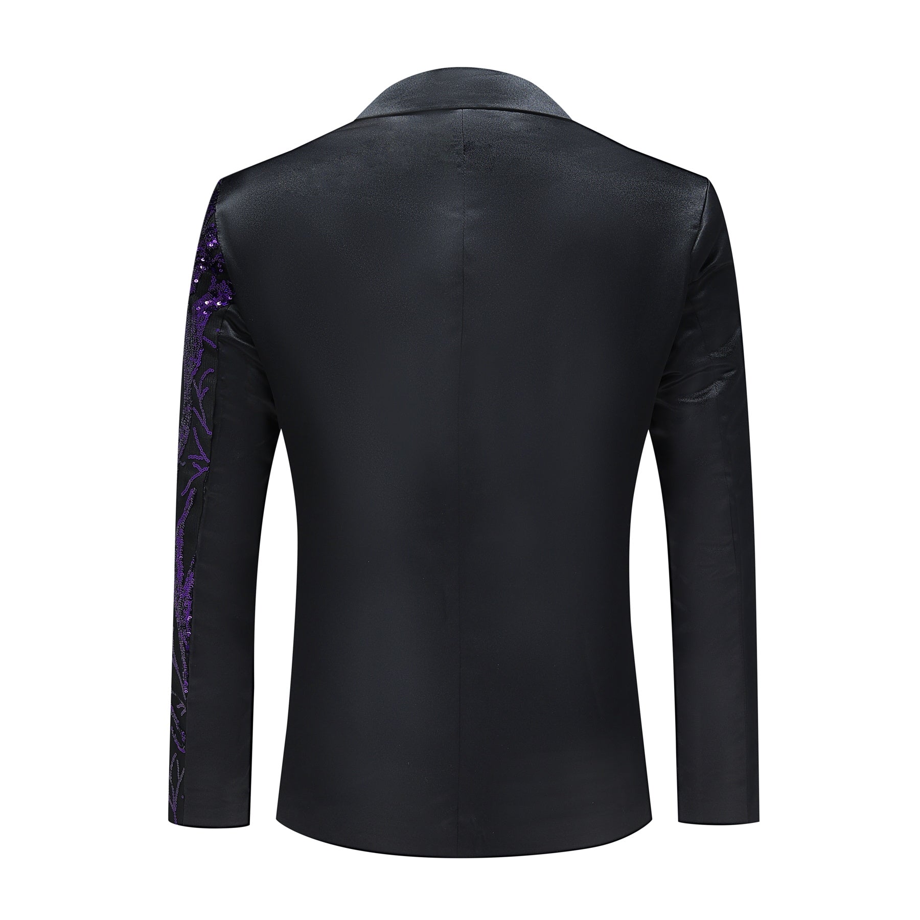 Purple # Men's slim fit lightning tree sequin blazer with notched lapel and single-button closure, purple sparkle suit jacket with unique sequin pattern and 3D tailored fit for party, prom, wedding and stage performance, isolated on white background.