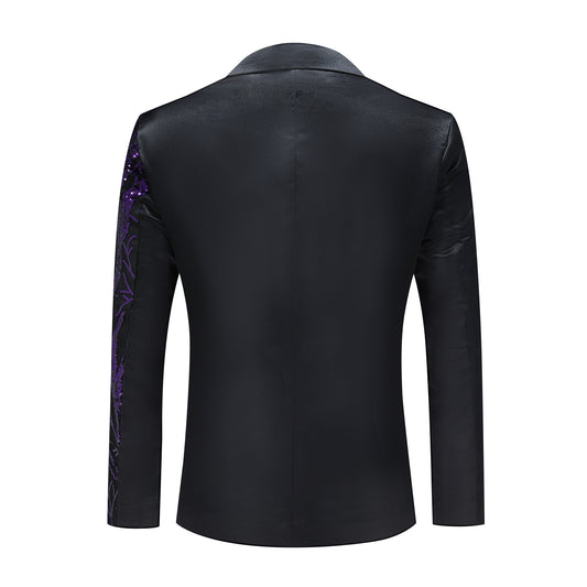 Purple # Men's slim fit lightning tree sequin blazer with notched lapel and single-button closure, purple sparkle suit jacket with unique sequin pattern and 3D tailored fit for party, prom, wedding and stage performance, isolated on white background.