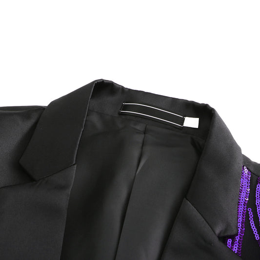 Purple # Men's slim fit lightning tree sequin blazer with notched lapel and single-button closure, purple sparkle suit jacket with unique sequin pattern and 3D tailored fit for party, prom, wedding and stage performance, isolated on white background.