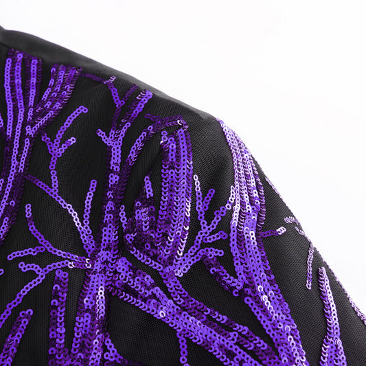 Purple # Men's slim fit lightning tree sequin blazer with notched lapel and single-button closure, purple sparkle suit jacket with unique sequin pattern and 3D tailored fit for party, prom, wedding and stage performance, isolated on white background.