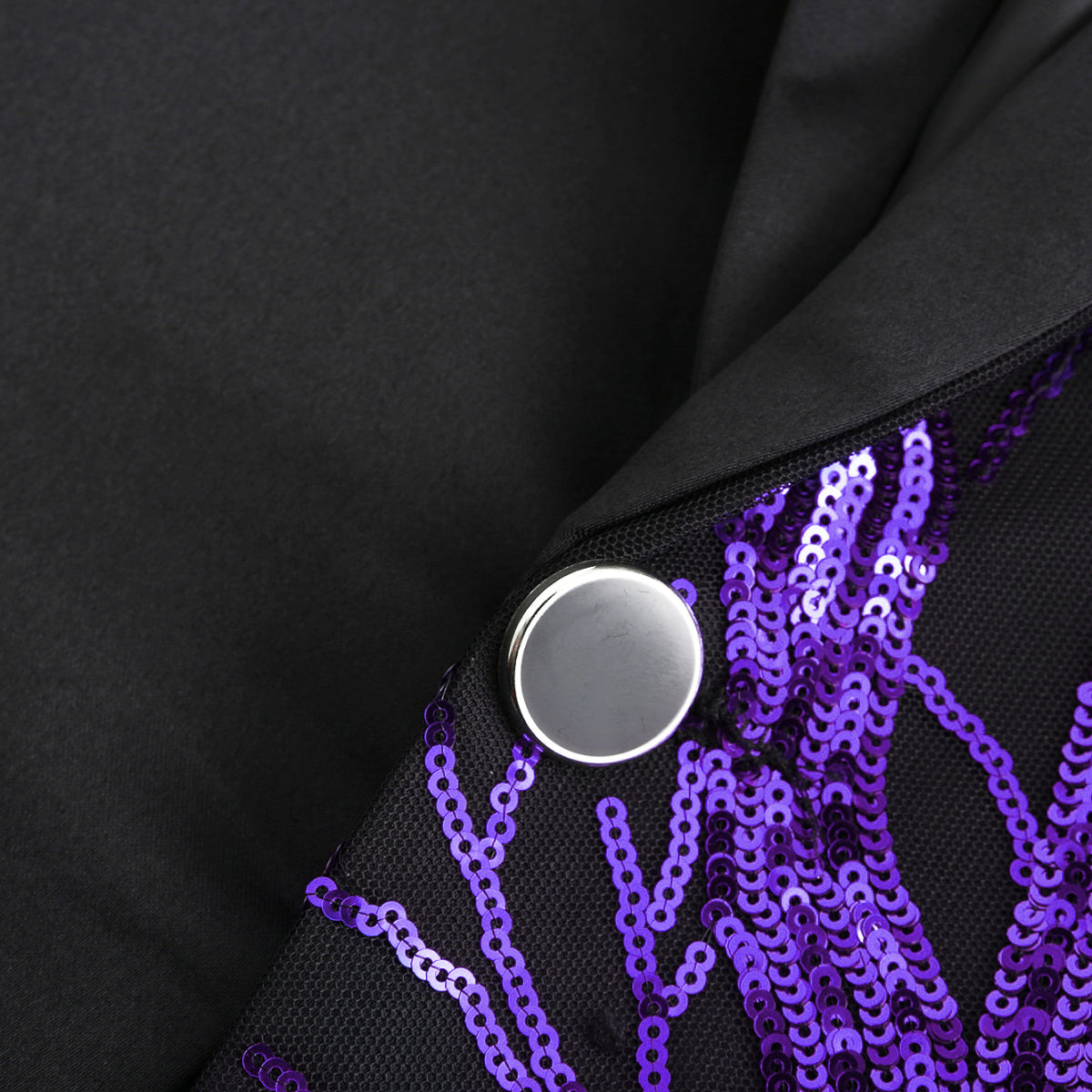 Purple # Men's slim fit lightning tree sequin blazer with notched lapel and single-button closure, purple sparkle suit jacket with unique sequin pattern and 3D tailored fit for party, prom, wedding and stage performance, isolated on white background.