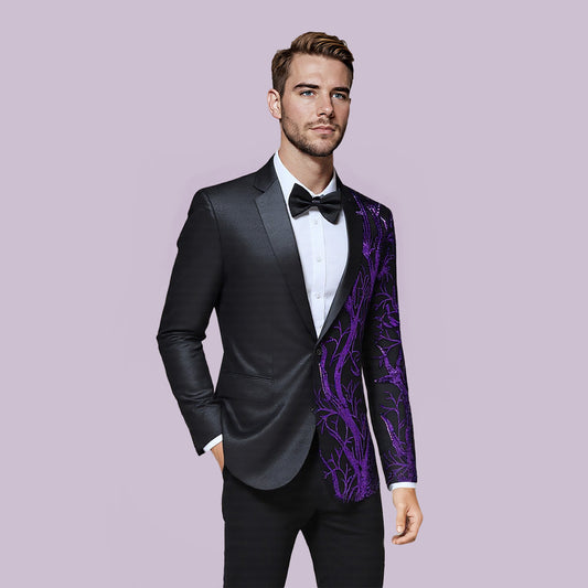 Purple # Men's slim fit lightning tree sequin blazer with notched lapel and single-button closure, purple sparkle suit jacket with unique sequin pattern and 3D tailored fit for party, prom, wedding and stage performance, isolated on white background.