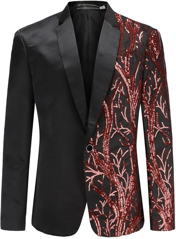 Red # Men's slim fit lightning tree sequin blazer, shiny red sparkle suit jacket with notched lapel and single button closure, eye-catching party blazer for club, prom, wedding, theme party and stage performance, isolated on white background.