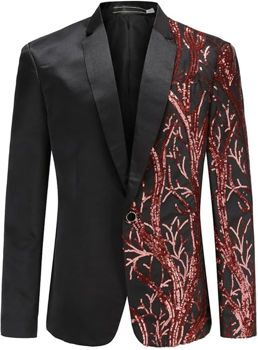 Red # Men's slim fit lightning tree sequin blazer, shiny red sparkle suit jacket with notched lapel and single button closure, eye-catching party blazer for club, prom, wedding, theme party and stage performance, isolated on white background.