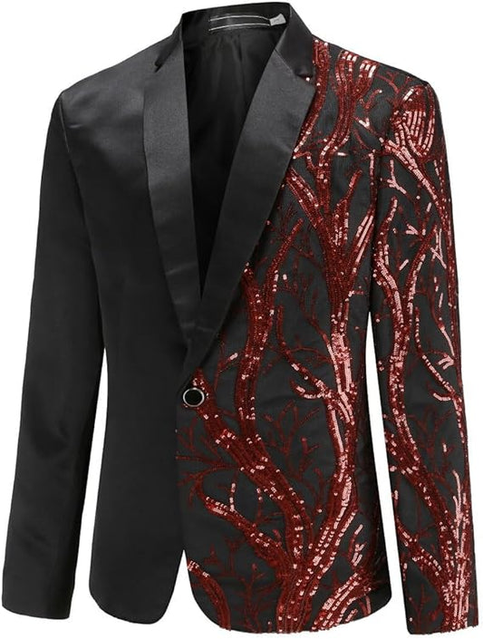 Red # Men's slim fit lightning tree sequin blazer, shiny red sparkle suit jacket with notched lapel and single button closure, eye-catching party blazer for club, prom, wedding, theme party and stage performance, isolated on white background.