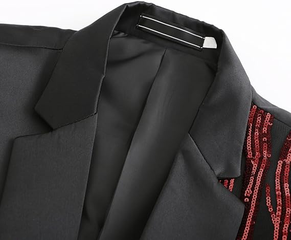 Red # Men's slim fit lightning tree sequin blazer, shiny red sparkle suit jacket with notched lapel and single button closure, eye-catching party blazer for club, prom, wedding, theme party and stage performance, isolated on white background.