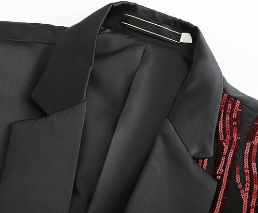 Red # Men's slim fit lightning tree sequin blazer, shiny red sparkle suit jacket with notched lapel and single button closure, eye-catching party blazer for club, prom, wedding, theme party and stage performance, isolated on white background.
