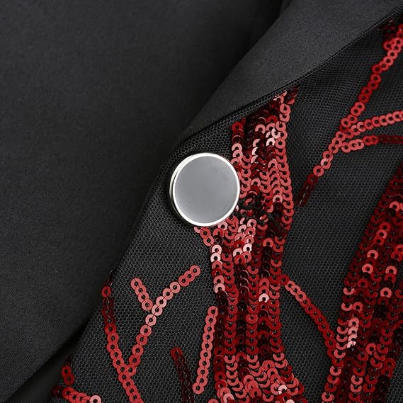 Red # Men's slim fit lightning tree sequin blazer, shiny red sparkle suit jacket with notched lapel and single button closure, eye-catching party blazer for club, prom, wedding, theme party and stage performance, isolated on white background.
