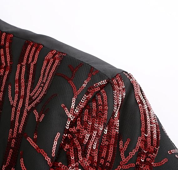 Red # Men's slim fit lightning tree sequin blazer, shiny red sparkle suit jacket with notched lapel and single button closure, eye-catching party blazer for club, prom, wedding, theme party and stage performance, isolated on white background.