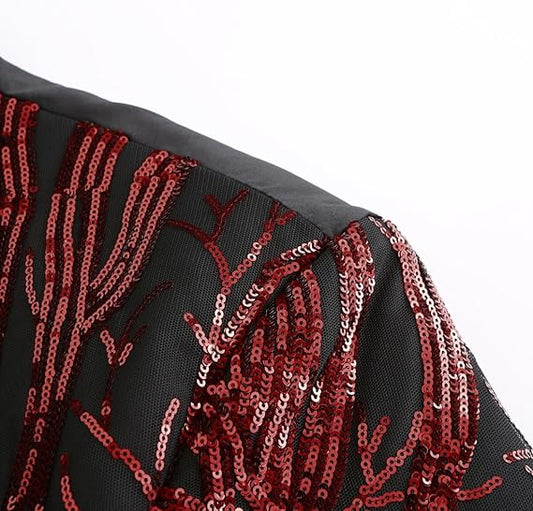 Red # Men's slim fit lightning tree sequin blazer, shiny red sparkle suit jacket with notched lapel and single button closure, eye-catching party blazer for club, prom, wedding, theme party and stage performance, isolated on white background.