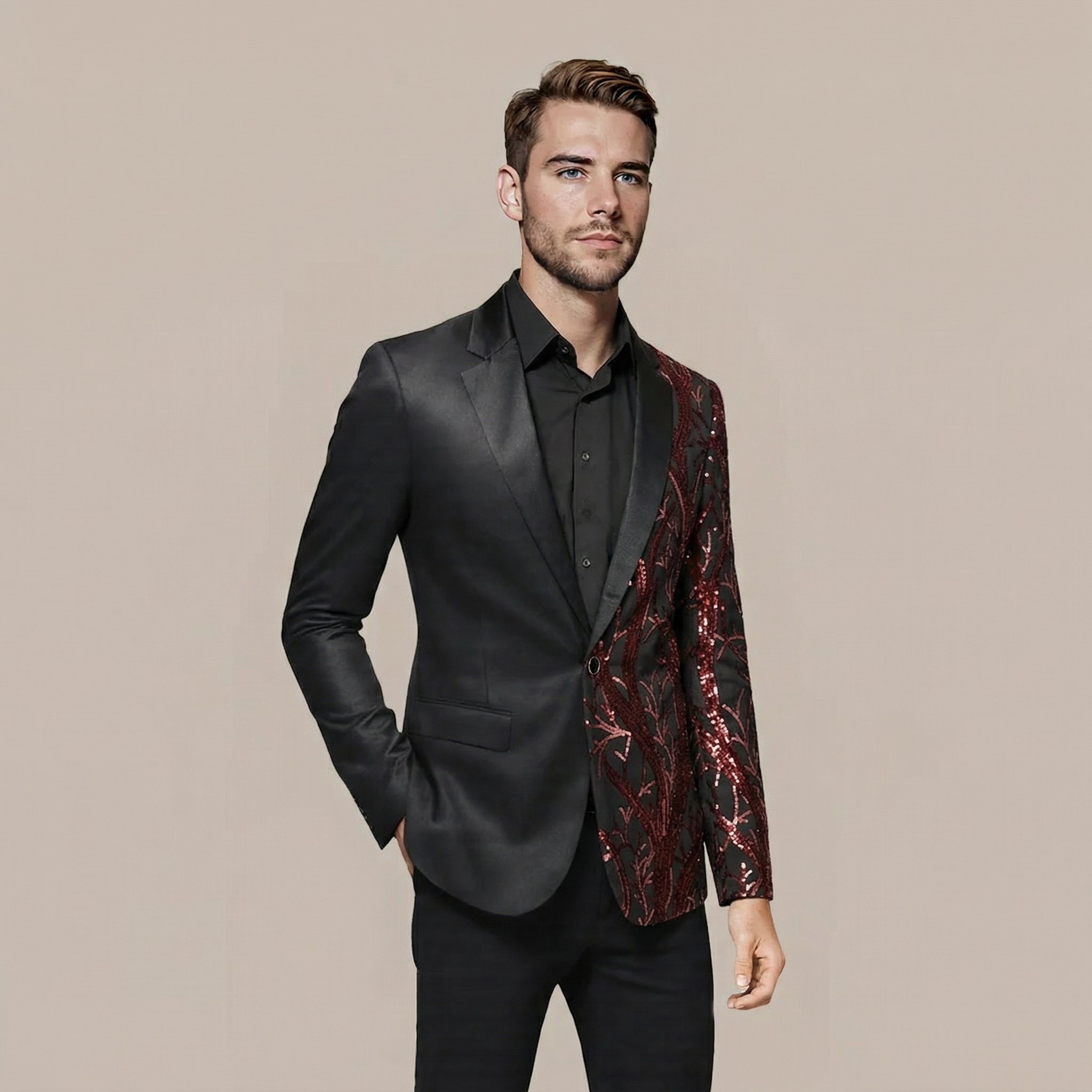Red # Men's slim fit lightning tree sequin blazer, shiny red sparkle suit jacket with notched lapel and single button closure, eye-catching party blazer for club, prom, wedding, theme party and stage performance, isolated on white background.