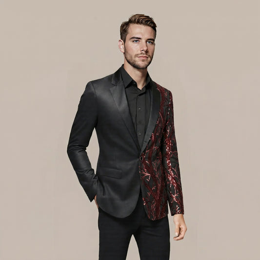 Red # Men's slim fit lightning tree sequin blazer, shiny red sparkle suit jacket with notched lapel and single button closure, eye-catching party blazer for club, prom, wedding, theme party and stage performance, isolated on white background.