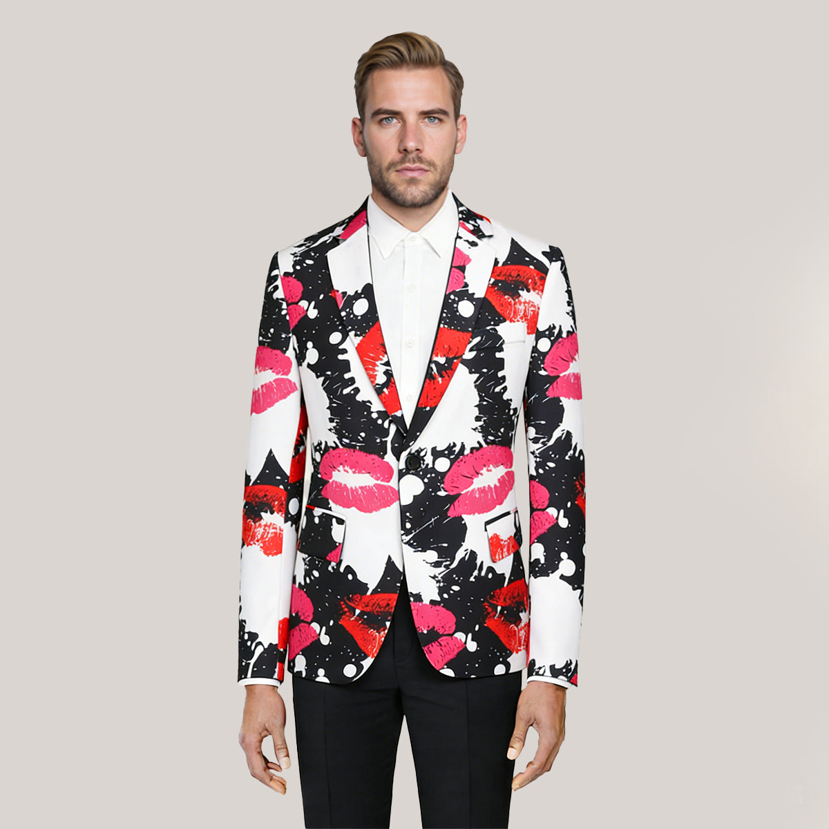 Floral 03 # Men's floral printed two-button casual blazer, single-breasted notch lapel sport coat with novelty floral pattern, cotton-polyester blend jacket for party, wedding, date and daily wear, isolated on white background.