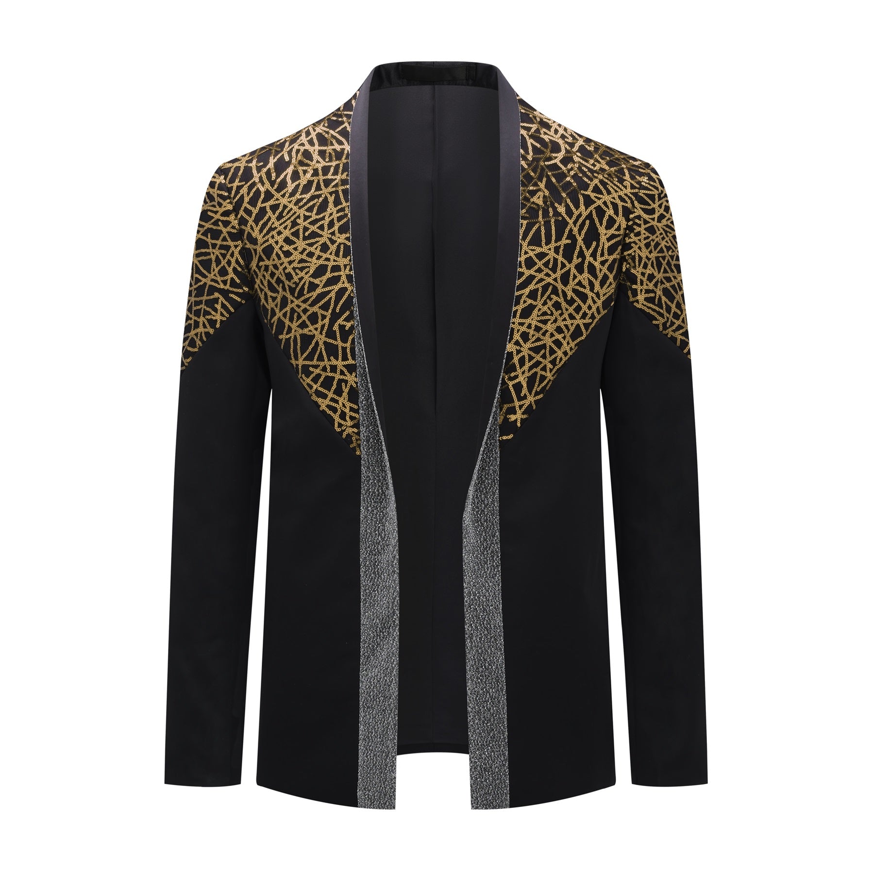 Gold # Men's sequined stand collar single-breasted blazer with 1-button closure, shiny gold sequin pattern sport coat jacket with 3D tailored fit for party, prom, wedding, stage performance and special occasions, isolated on white background.
