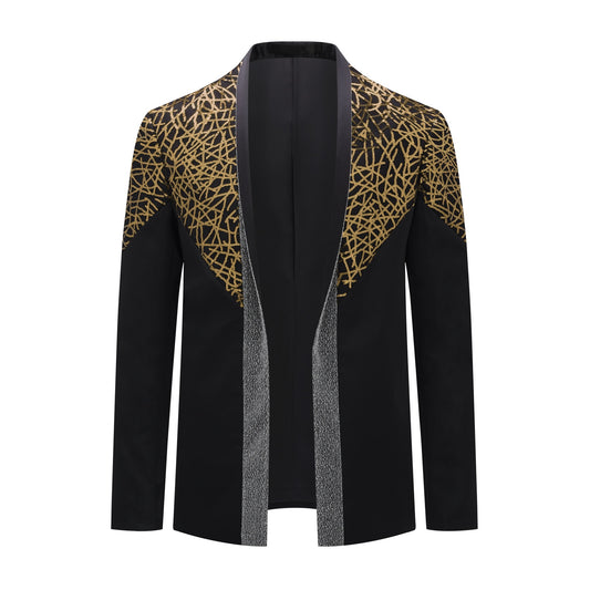 Gold # Men's sequined stand collar single-breasted blazer with 1-button closure, shiny gold sequin pattern sport coat jacket with 3D tailored fit for party, prom, wedding, stage performance and special occasions, isolated on white background.