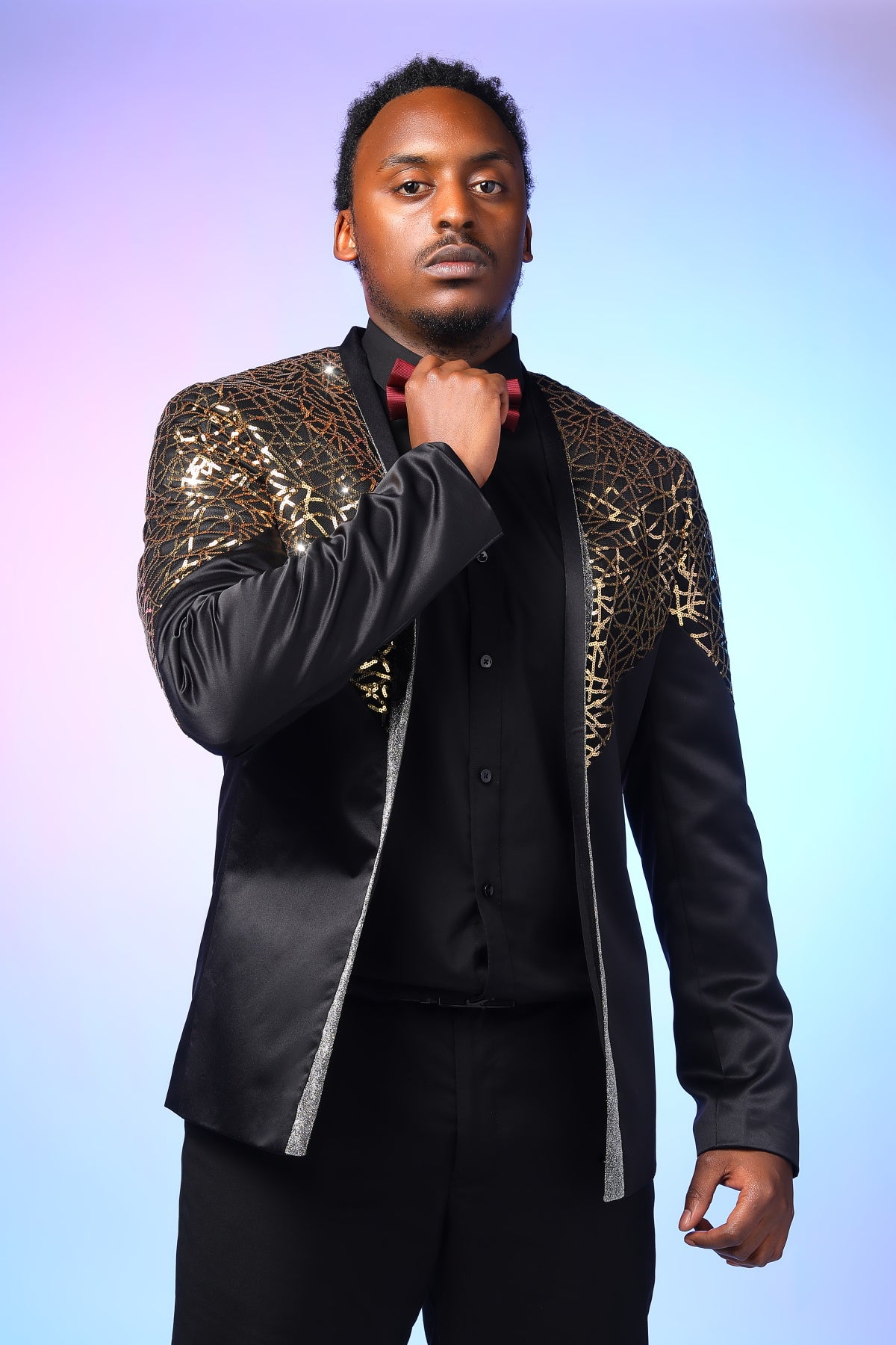 Gold # Men's sequined stand collar single-breasted blazer with 1-button closure, shiny gold sequin pattern sport coat jacket with 3D tailored fit for party, prom, wedding, stage performance and special occasions, isolated on white background.
