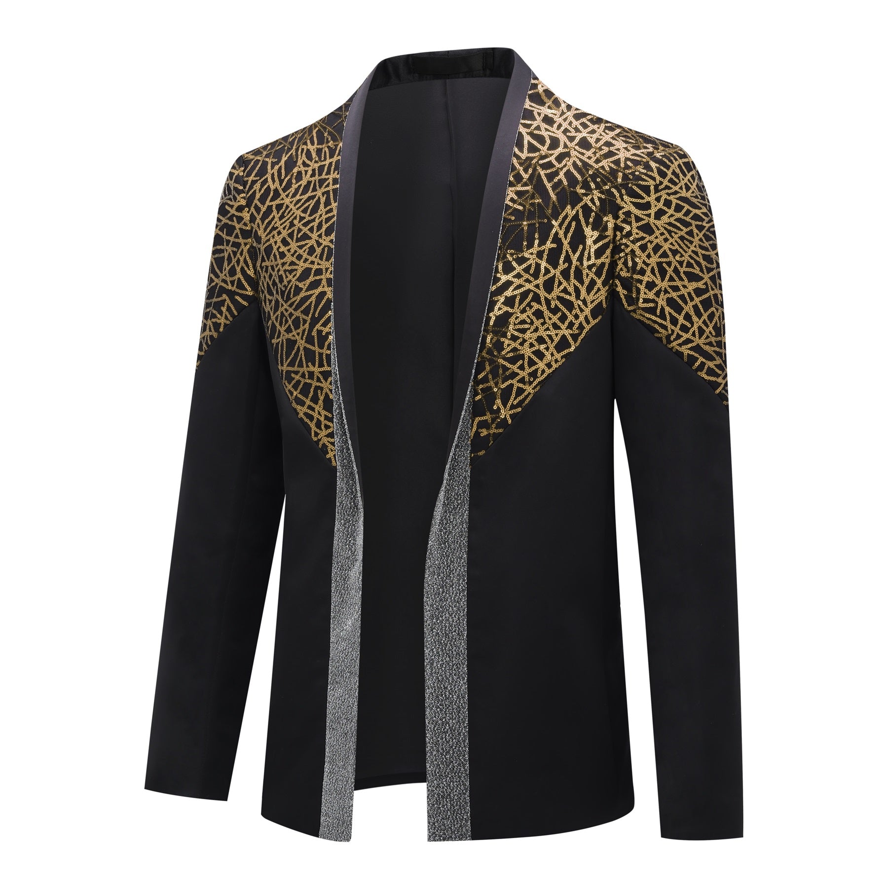 Gold # Men's sequined stand collar single-breasted blazer with 1-button closure, shiny gold sequin pattern sport coat jacket with 3D tailored fit for party, prom, wedding, stage performance and special occasions, isolated on white background.