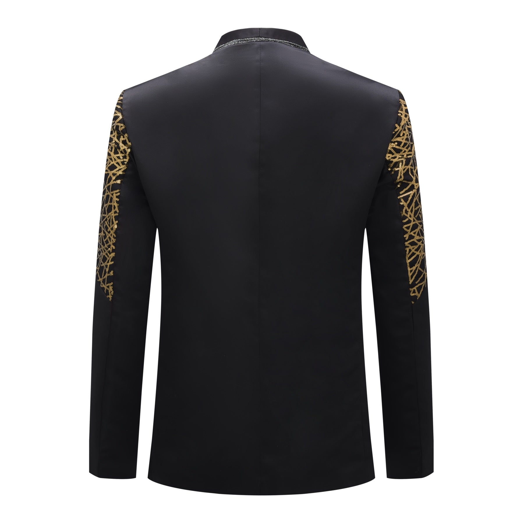 Gold # Men's sequined stand collar single-breasted blazer with 1-button closure, shiny gold sequin pattern sport coat jacket with 3D tailored fit for party, prom, wedding, stage performance and special occasions, isolated on white background.
