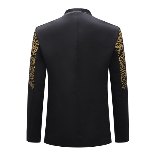 Gold # Men's sequined stand collar single-breasted blazer with 1-button closure, shiny gold sequin pattern sport coat jacket with 3D tailored fit for party, prom, wedding, stage performance and special occasions, isolated on white background.