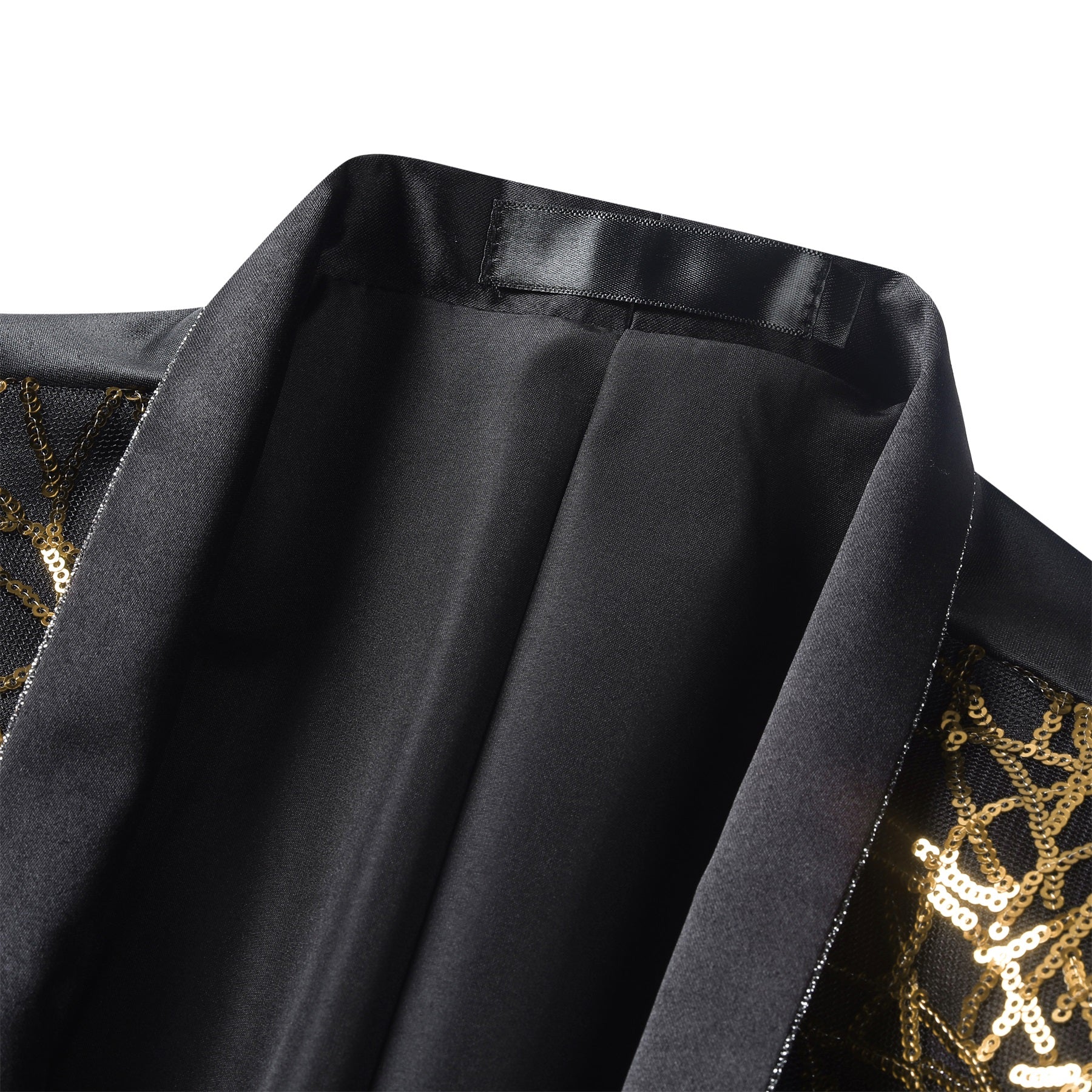 Gold # Men's sequined stand collar single-breasted blazer with 1-button closure, shiny gold sequin pattern sport coat jacket with 3D tailored fit for party, prom, wedding, stage performance and special occasions, isolated on white background.