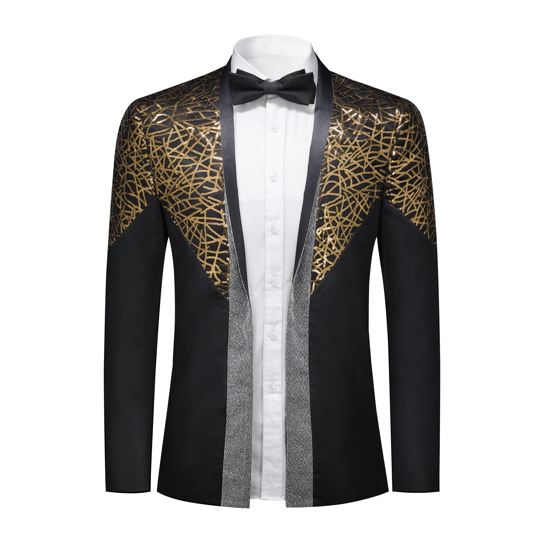 Gold # Men's sequined stand collar single-breasted blazer with 1-button closure, shiny gold sequin pattern sport coat jacket with 3D tailored fit for party, prom, wedding, stage performance and special occasions, isolated on white background.