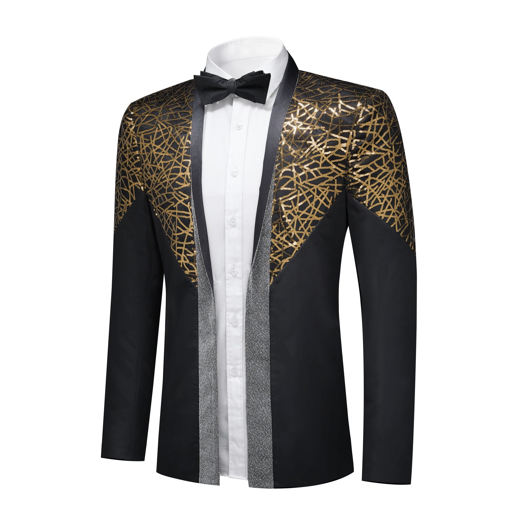 Gold # Men's sequined stand collar single-breasted blazer with 1-button closure, shiny gold sequin pattern sport coat jacket with 3D tailored fit for party, prom, wedding, stage performance and special occasions, isolated on white background.