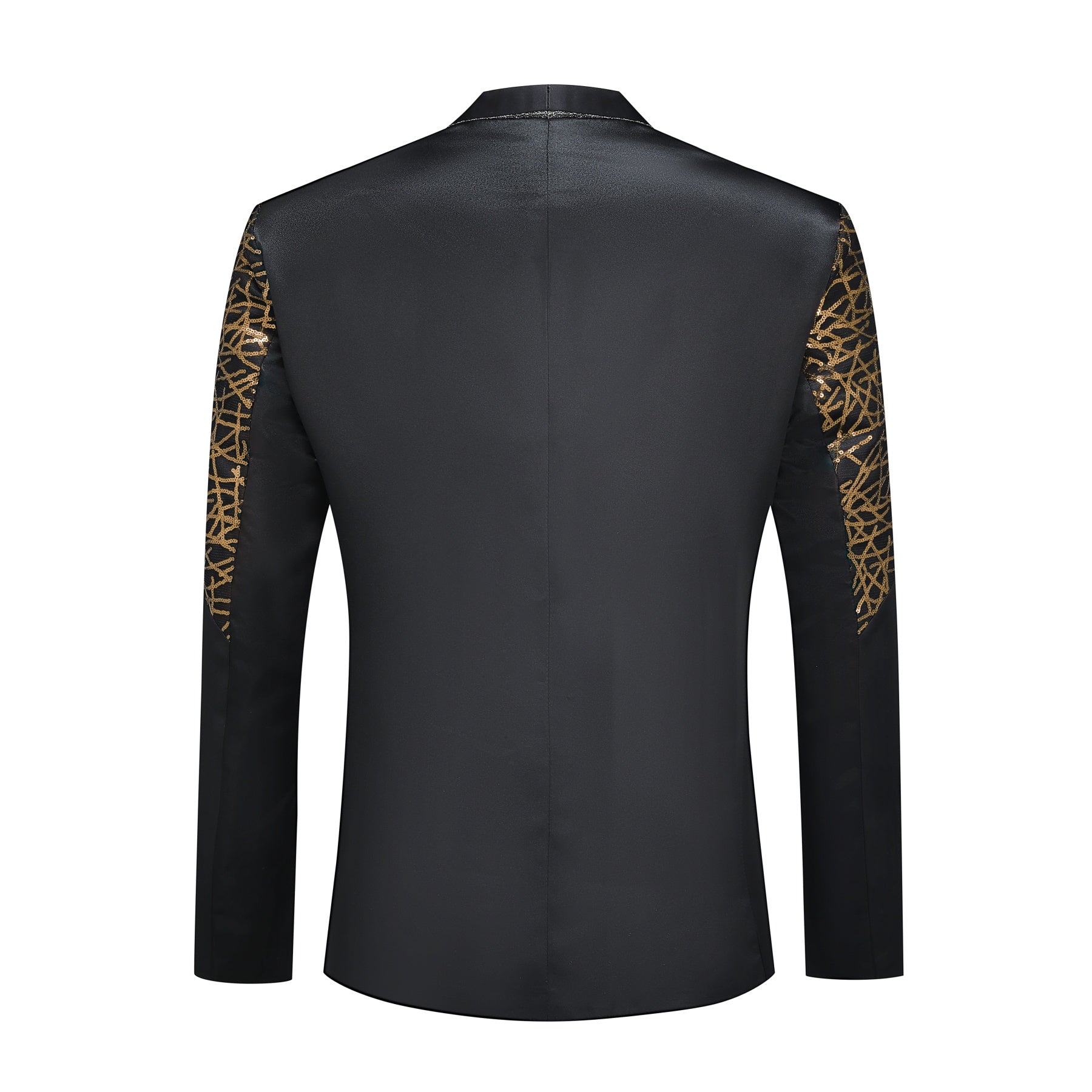 Gold # Men's sequined stand collar single-breasted blazer with 1-button closure, shiny gold sequin pattern sport coat jacket with 3D tailored fit for party, prom, wedding, stage performance and special occasions, isolated on white background.