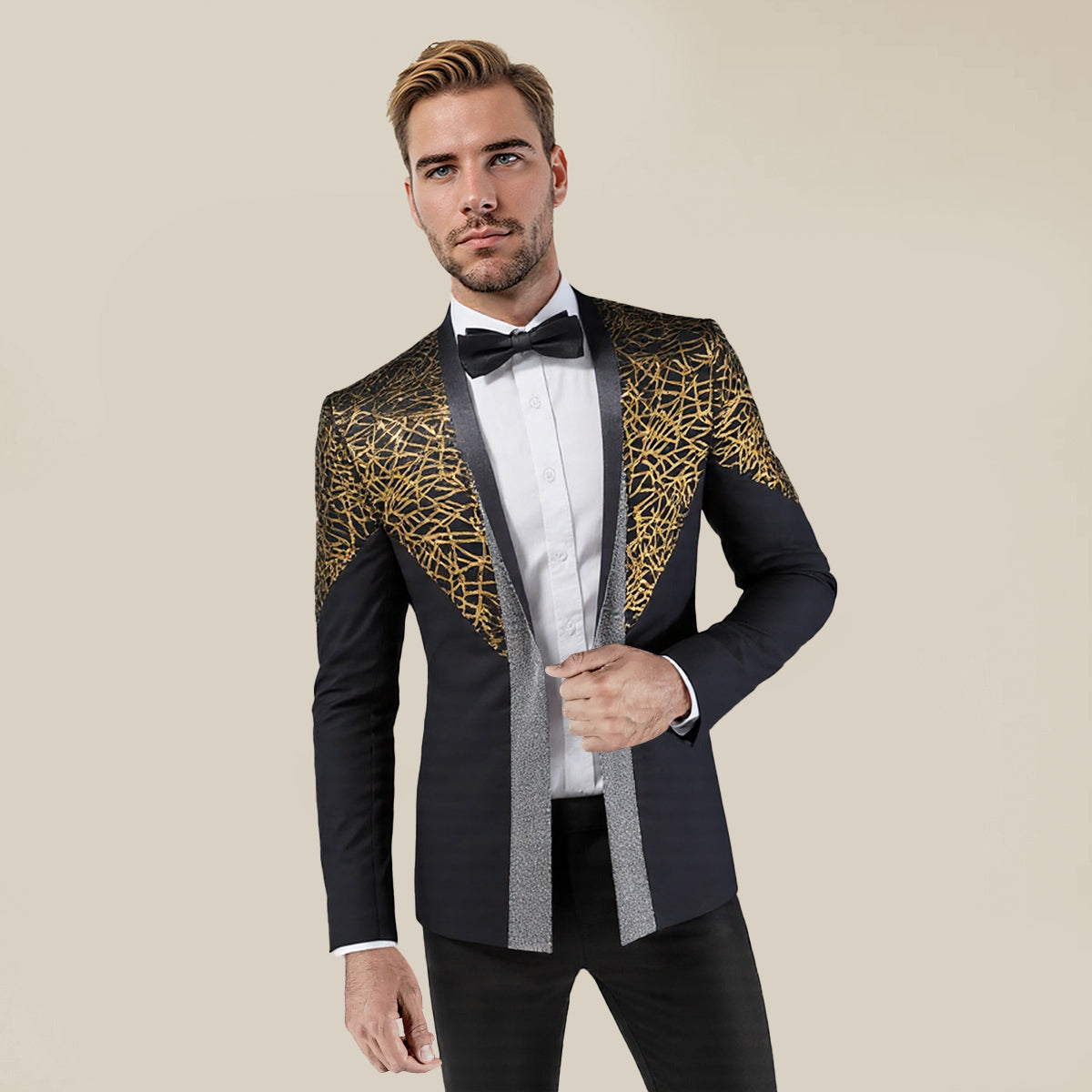 Gold # Men's sequined stand collar single-breasted blazer with 1-button closure, shiny gold sequin pattern sport coat jacket with 3D tailored fit for party, prom, wedding, stage performance and special occasions, isolated on white background.