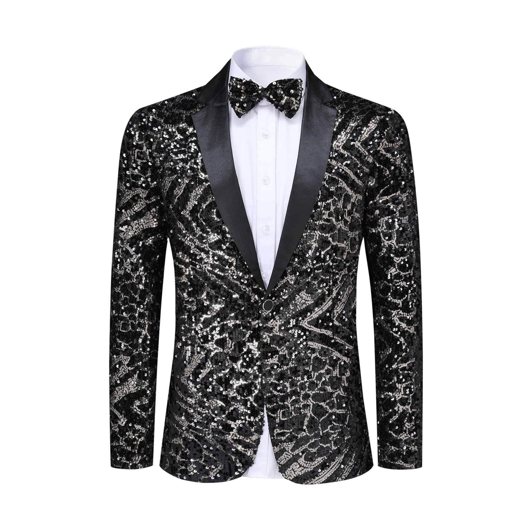 Black # Men's slim fit one-button sequin blazer with striped pattern and single-breasted closure, shiny black sparkle suit jacket with matching bow tie for party, prom, wedding, stage performance and celebration events, isolated on white background.