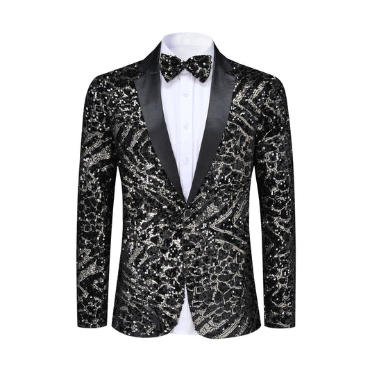 Black # Men's slim fit one-button sequin blazer with striped pattern and single-breasted closure, shiny black sparkle suit jacket with matching bow tie for party, prom, wedding, stage performance and celebration events, isolated on white background.