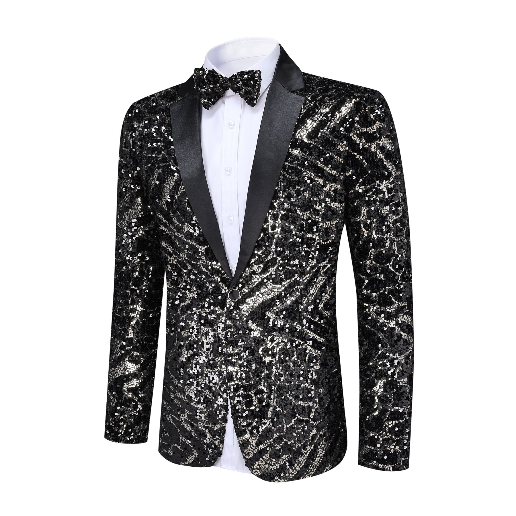 Black # Men's slim fit one-button sequin blazer with striped pattern and single-breasted closure, shiny black sparkle suit jacket with matching bow tie for party, prom, wedding, stage performance and celebration events, isolated on white background.