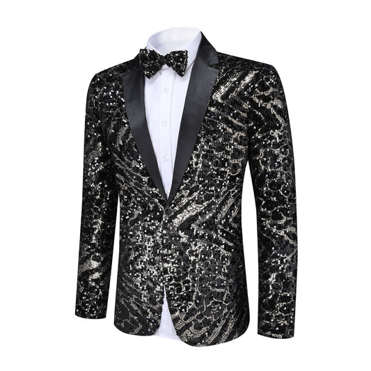 Black # Men's slim fit one-button sequin blazer with striped pattern and single-breasted closure, shiny black sparkle suit jacket with matching bow tie for party, prom, wedding, stage performance and celebration events, isolated on white background.